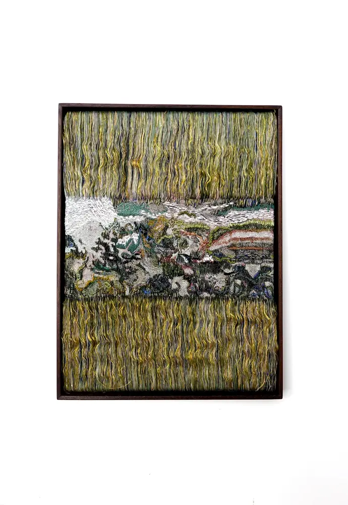 Embroidered metamorphic landscape tapestry with dense vegetation textures